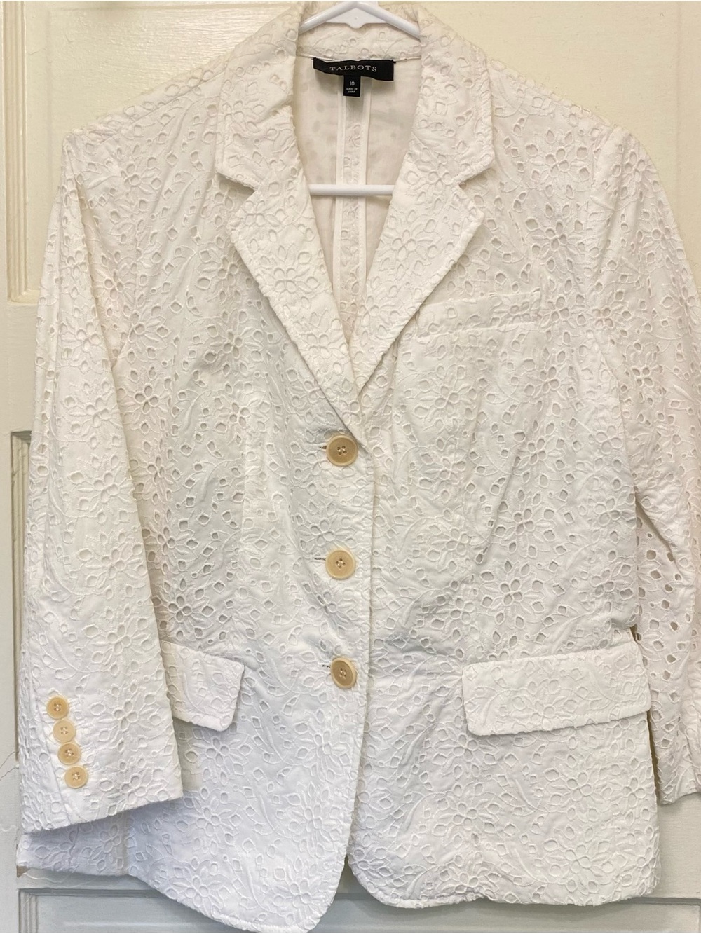 Talbots Airy White Eyelet Cotton Blazer Lined Size 10